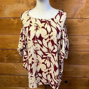 Worthington Womens Maroon shirt  blouse cold shoulder sleeves large leaves event